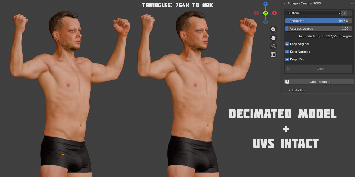 Decimated photogrammetry scan with UVs preserved — 764K to 118K triangles
