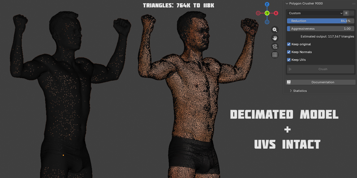 Wireframe of the same scan — original 764K triangles vs decimated 118K
